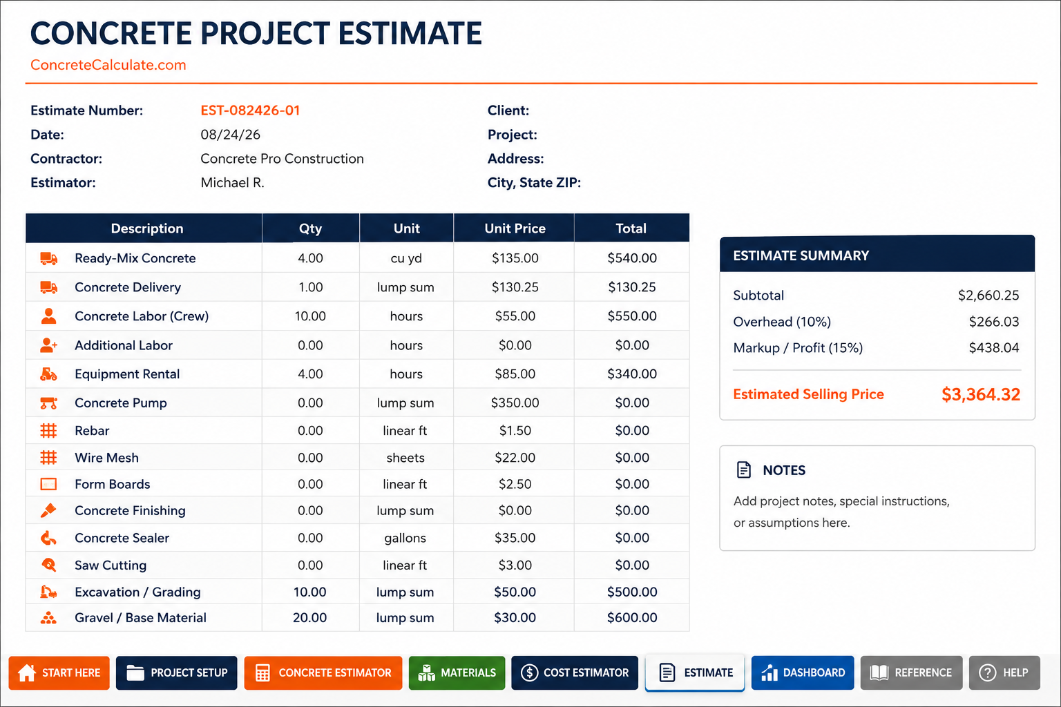 Concrete Contractor Estimator Pack Cost Estimator sheet showing labor, equipment, and project cost line items