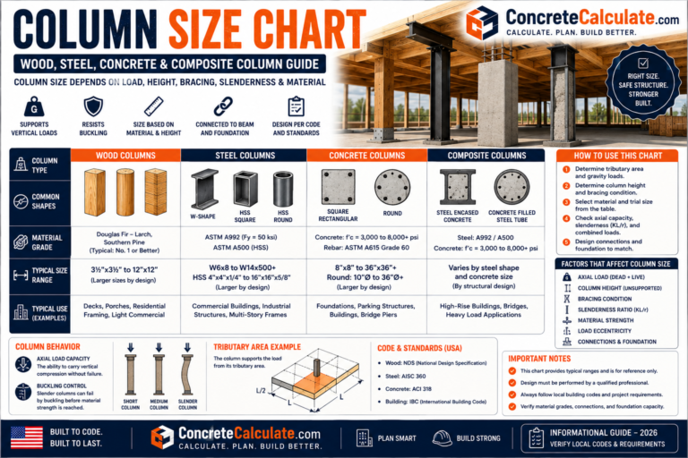 Column Size Chart - Material, Load, Height & Bracing Guide