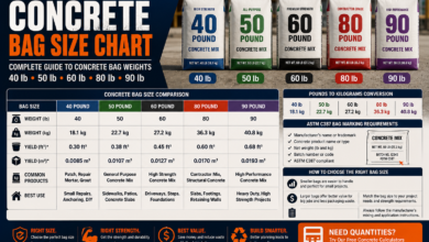 Concrete Bag Size Chart - 40, 50, 60, 80 & 90 lb Package Sizes