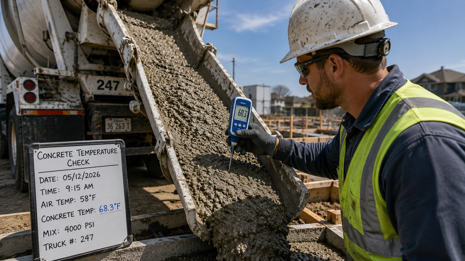 Worker checking fresh concrete temperature with a digital thermometer during placement