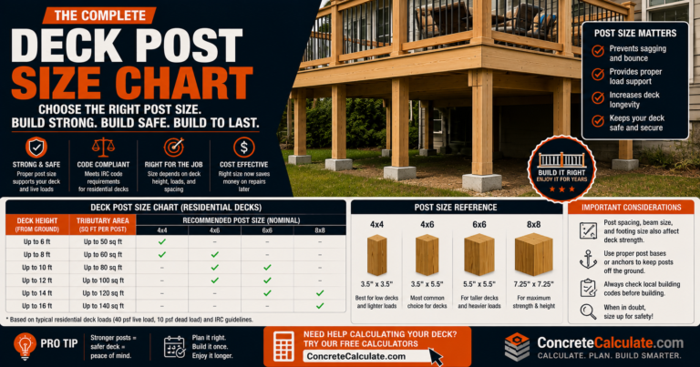 Deck Post Size Chart - 4x4, 6x6 & 8x8 Height by Tributary Area