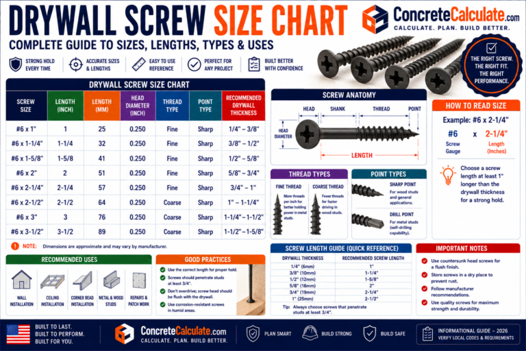 Drywall Screw Size Chart - Type S, W, G & A Guide