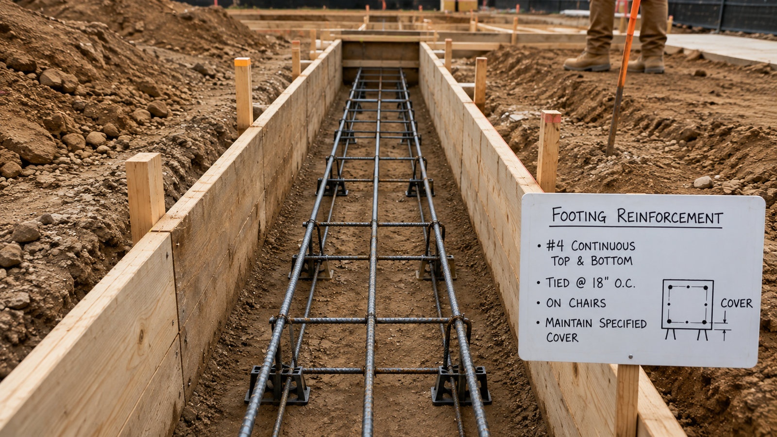 Footing trench with rebar reinforcement cage installed between wooden concrete forms