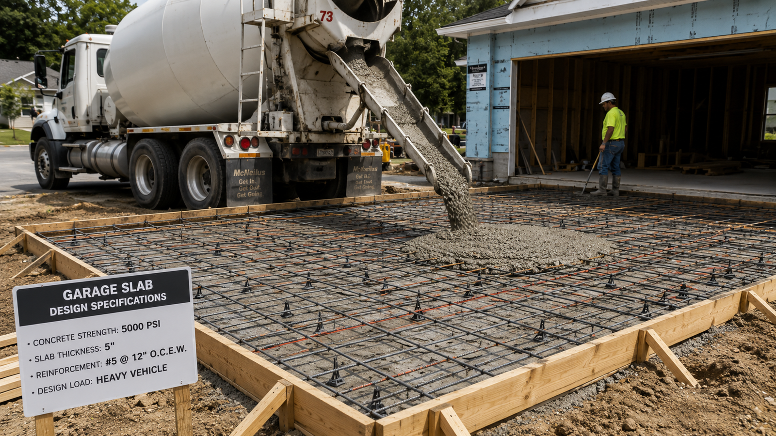 Concrete mixer truck pouring concrete onto a reinforced garage slab