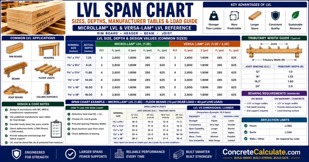 LVL Span Chart 2026 - Sizes, Depths, Products & Load Guide
