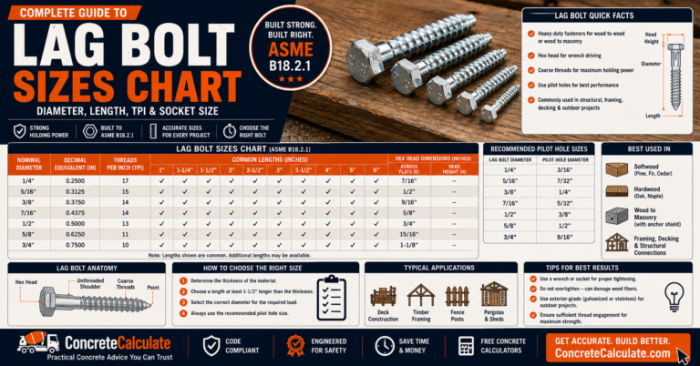 Lag Bolt Sizes Chart - Diameter, Length, TPI & Socket Size