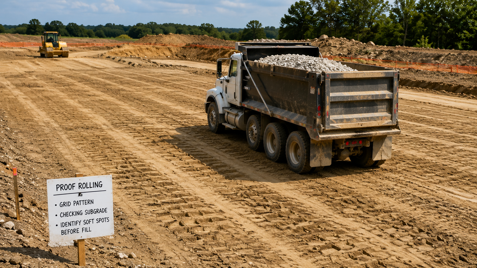 Dump truck proof rolling a prepared construction site to identify soft spots in the subgrade
