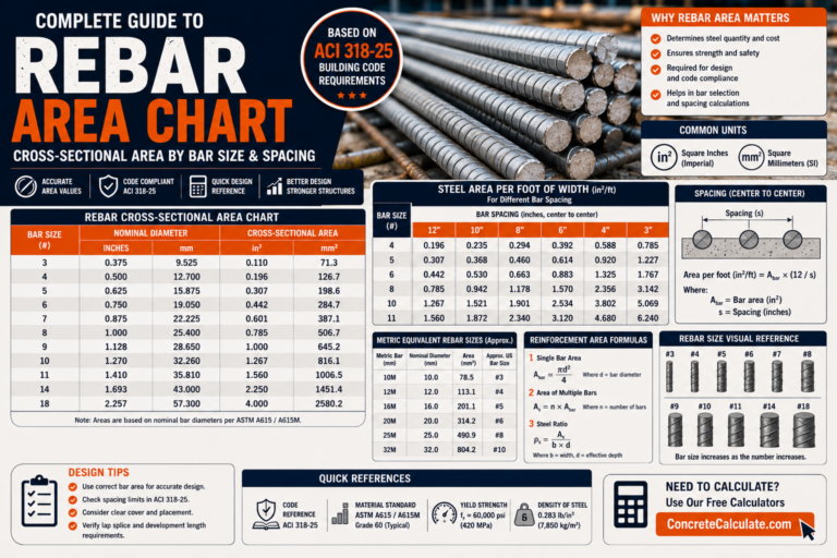 Rebar Area Chart: Cross Sectional Area by Bar Size & Spacing