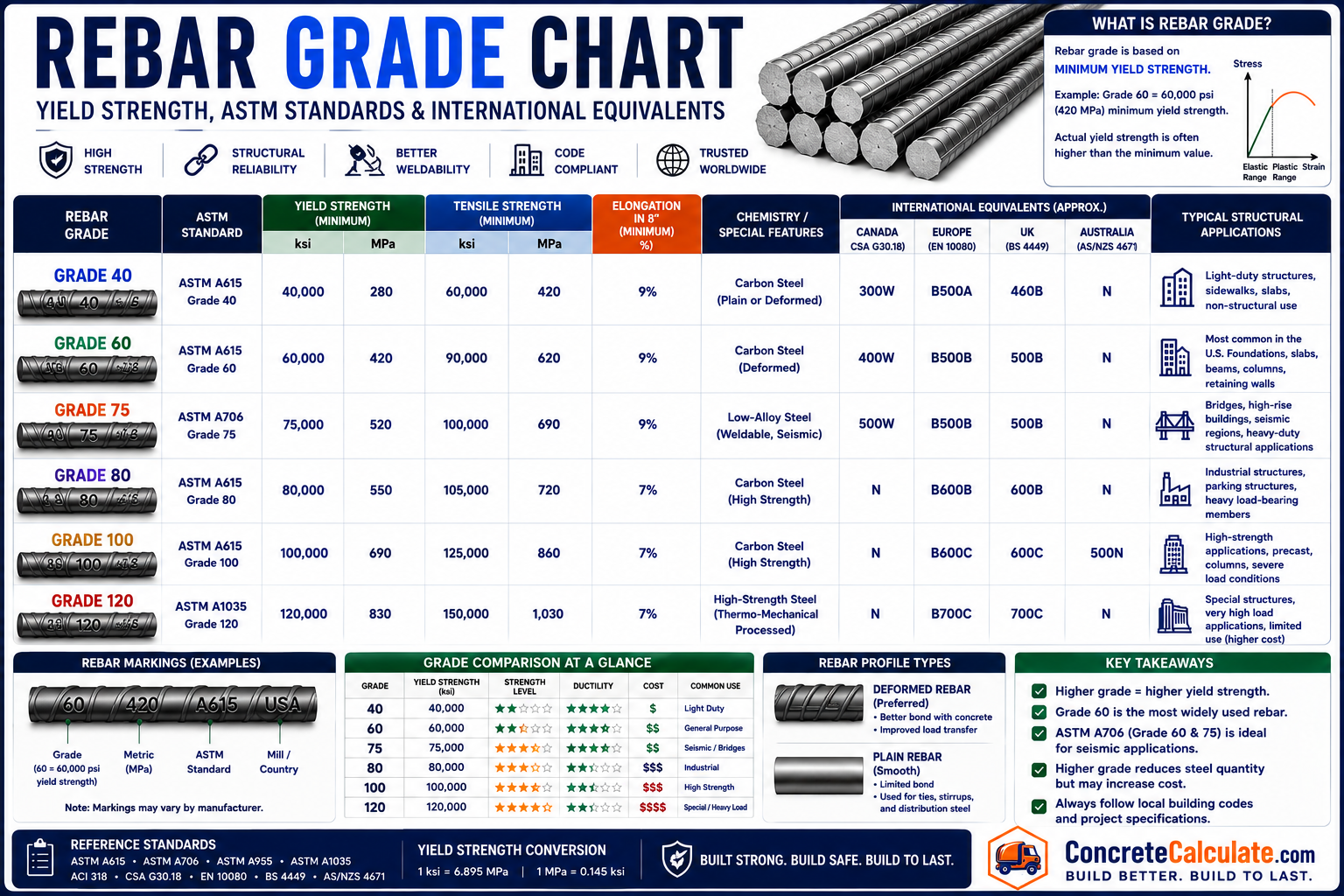 Rebar Grade Chart - Yield Strength, ASTM Standards & Equivalents