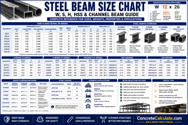 Steel Beam Size Chart – W, S, H, HSS & Channel Guide