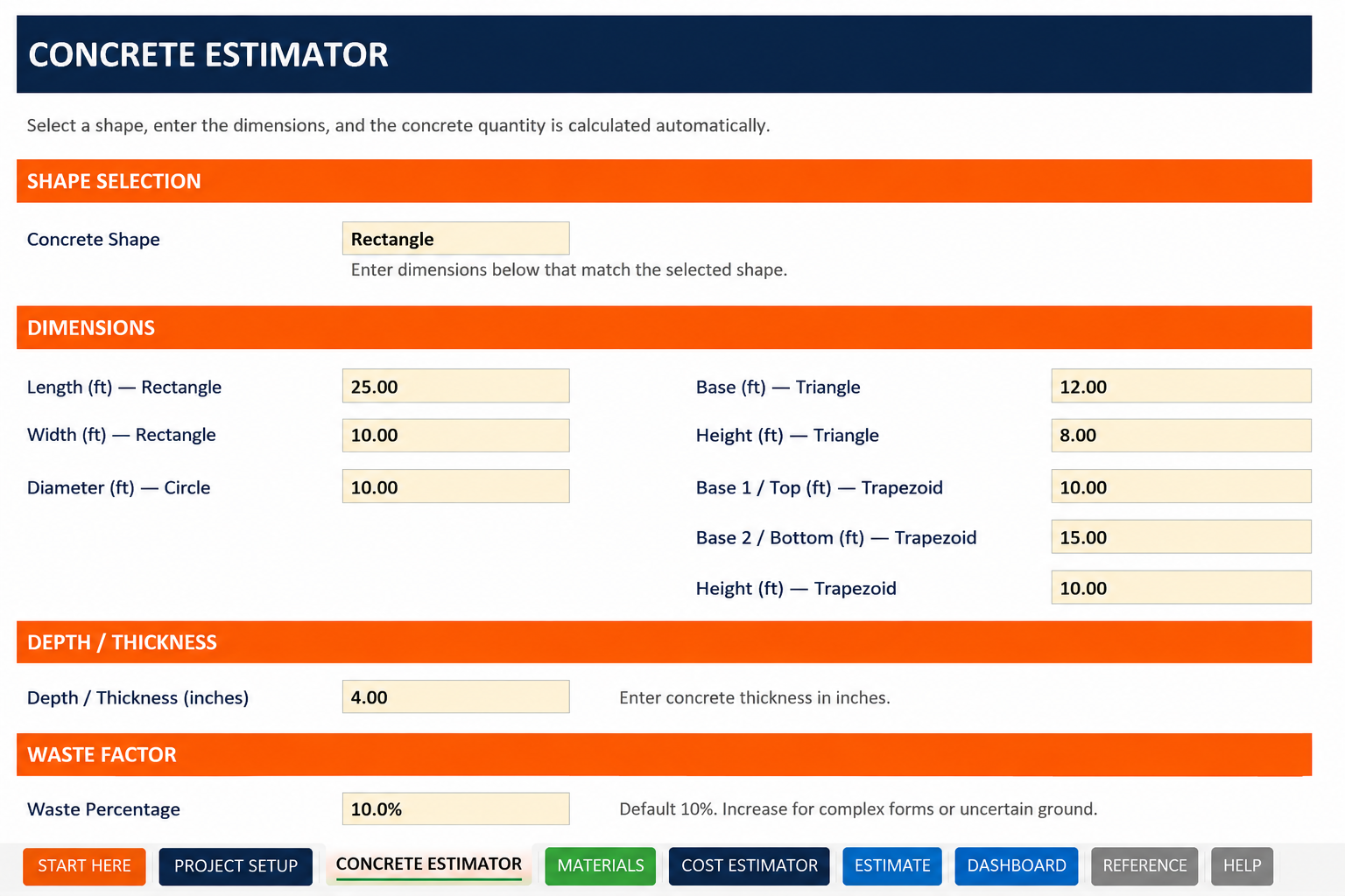 Concrete Contractor Estimator Pack Project Setup sheet showing project name, estimate number, contractor and client information fields
