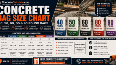 Concrete Bag Yield Chart - Cubic Feet, Cubic Yards & Liters by Bag Size