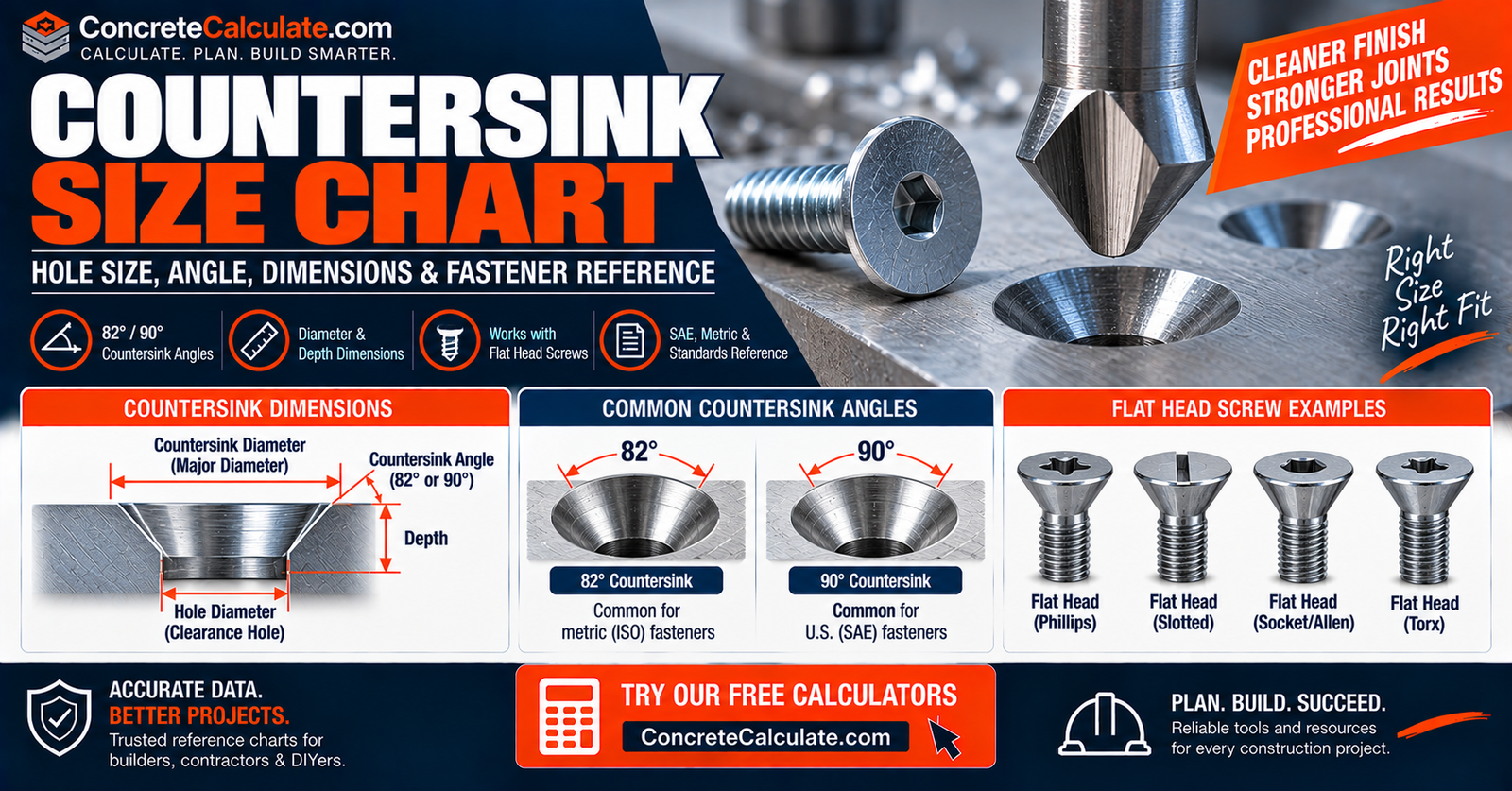 Countersink Size Chart - Diameter, Depth & Angle Reference