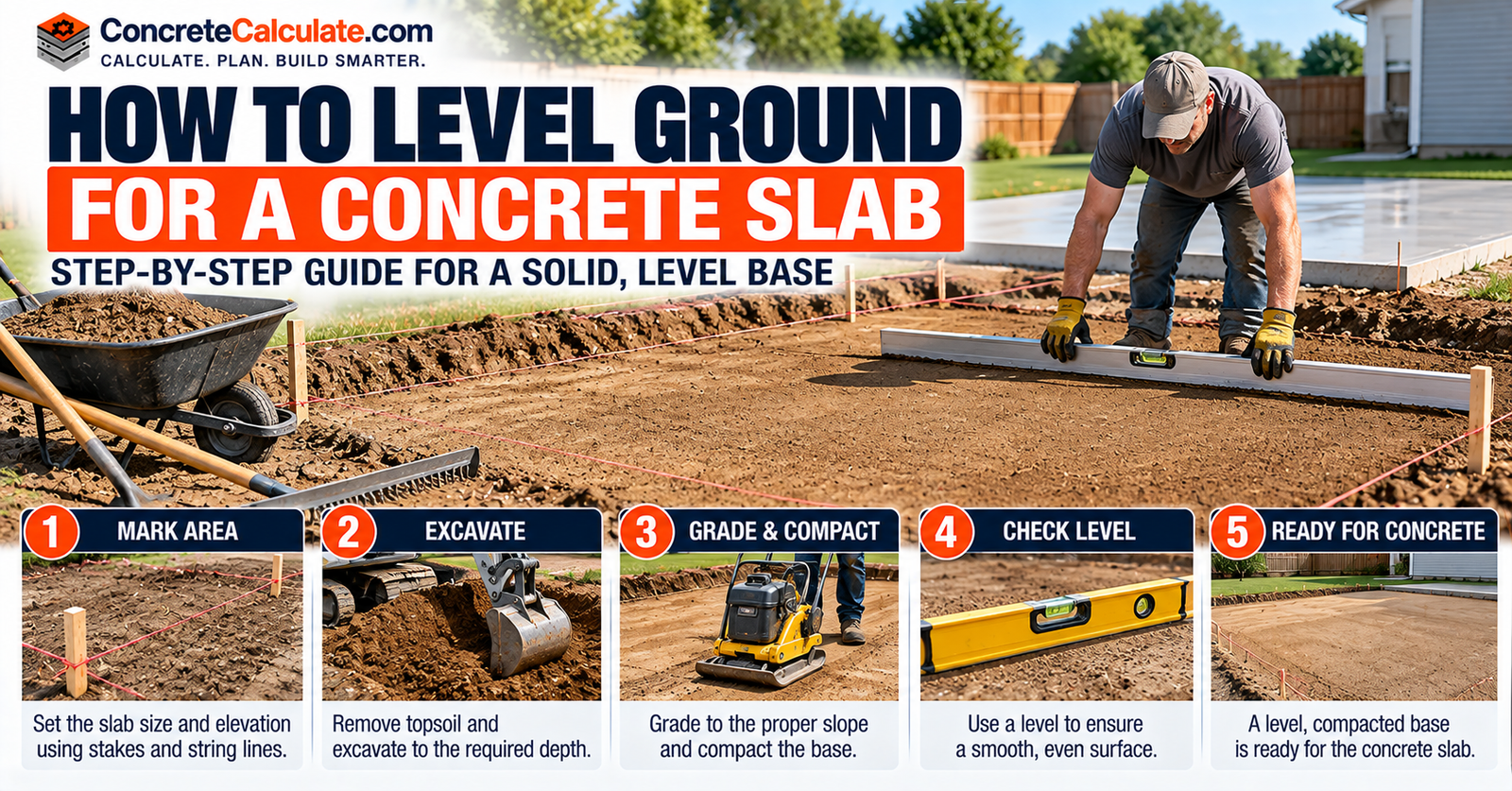 How to Level Ground for a Concrete Slab: Measurements, Grading and Excavation