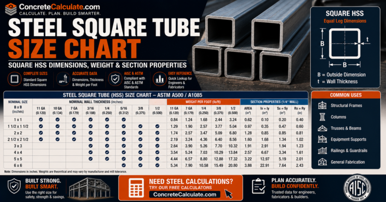 Steel Square Tube Size Chart - Square HSS Dimensions & Properties