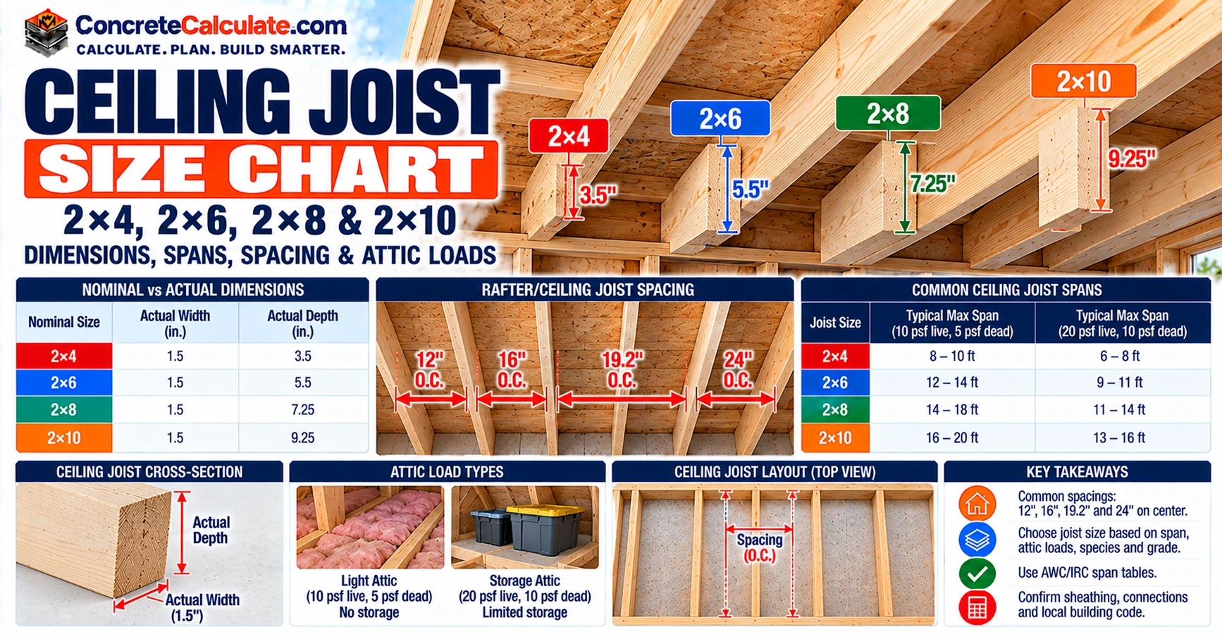 Ceiling Joist Size Chart - Sizes, Spans, Loads & Attic Storage