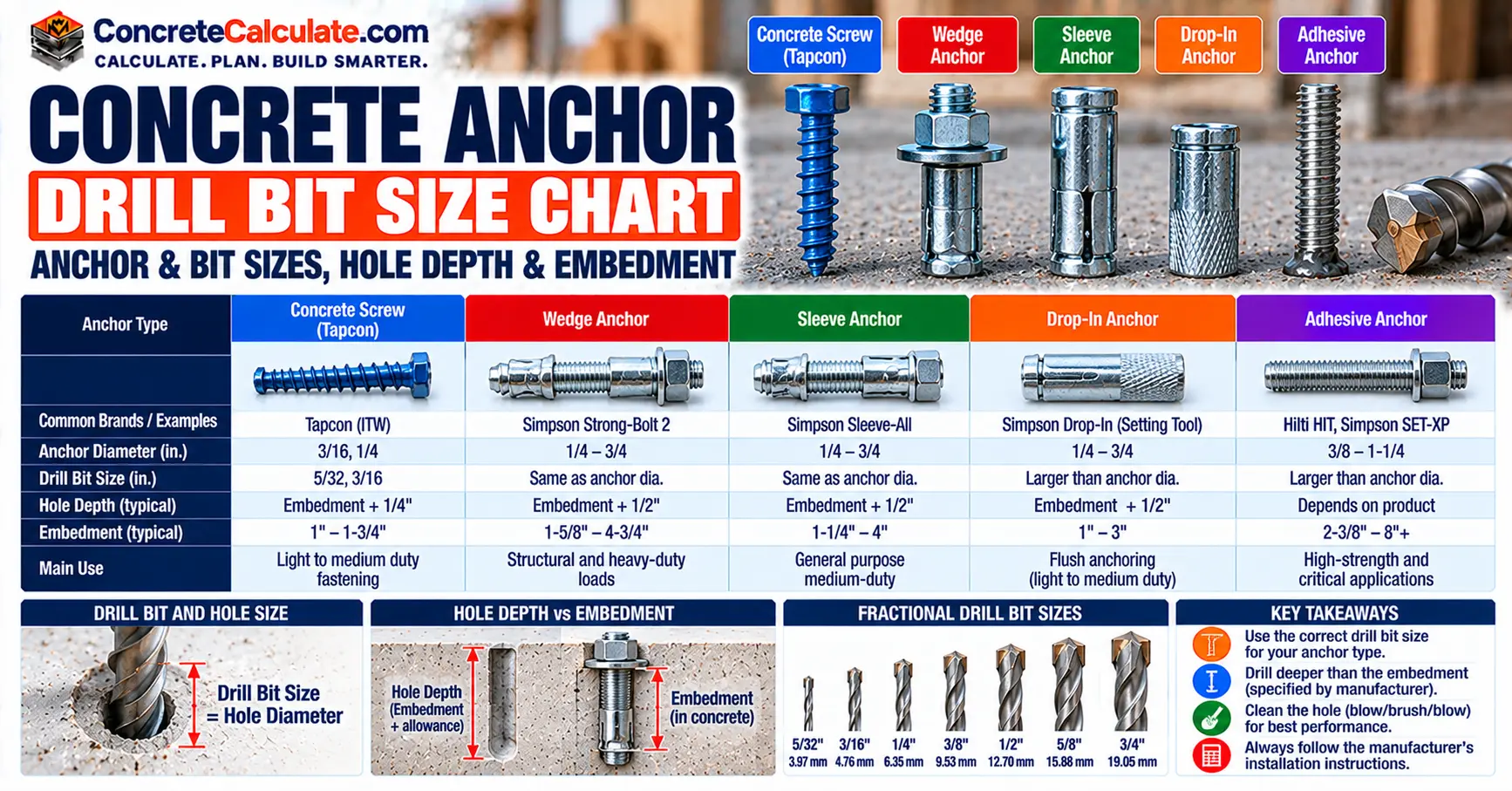 Concrete Anchor Drill Bit Size Chart - Wedge, Screw, Sleeve & Drop-In Anchors