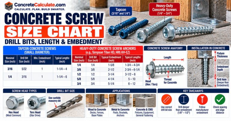 Concrete Screw Size Chart - Diameter, Drill Bit, Length and Embedment