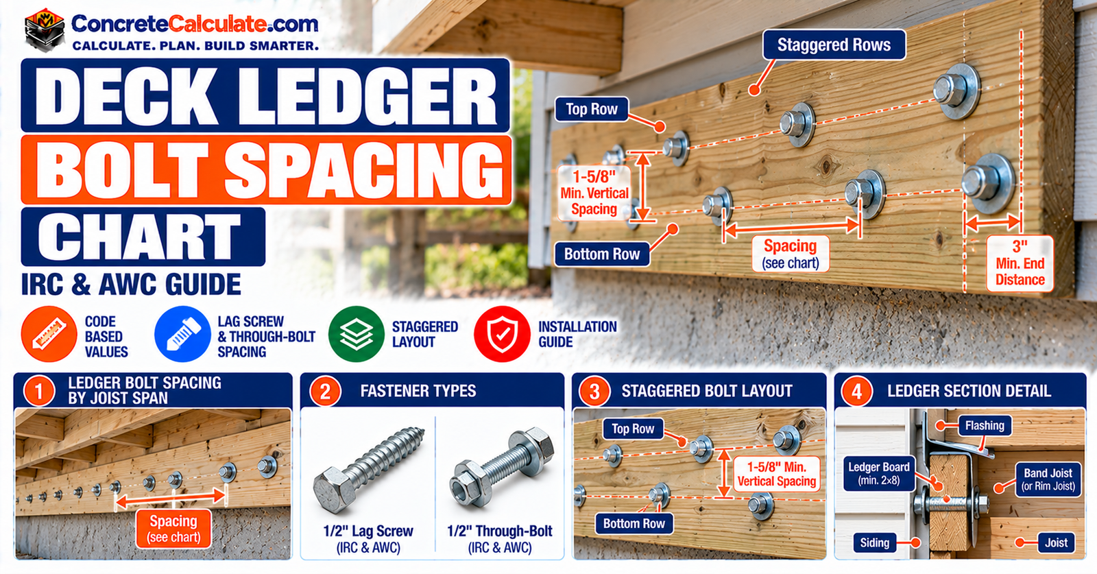 Deck Ledger Bolt Spacing Chart - Joist Span, Bolts and Lag Screws Deck Ledger Bolt Spacing Chart - Joist Span, Bolts and Lag Screws