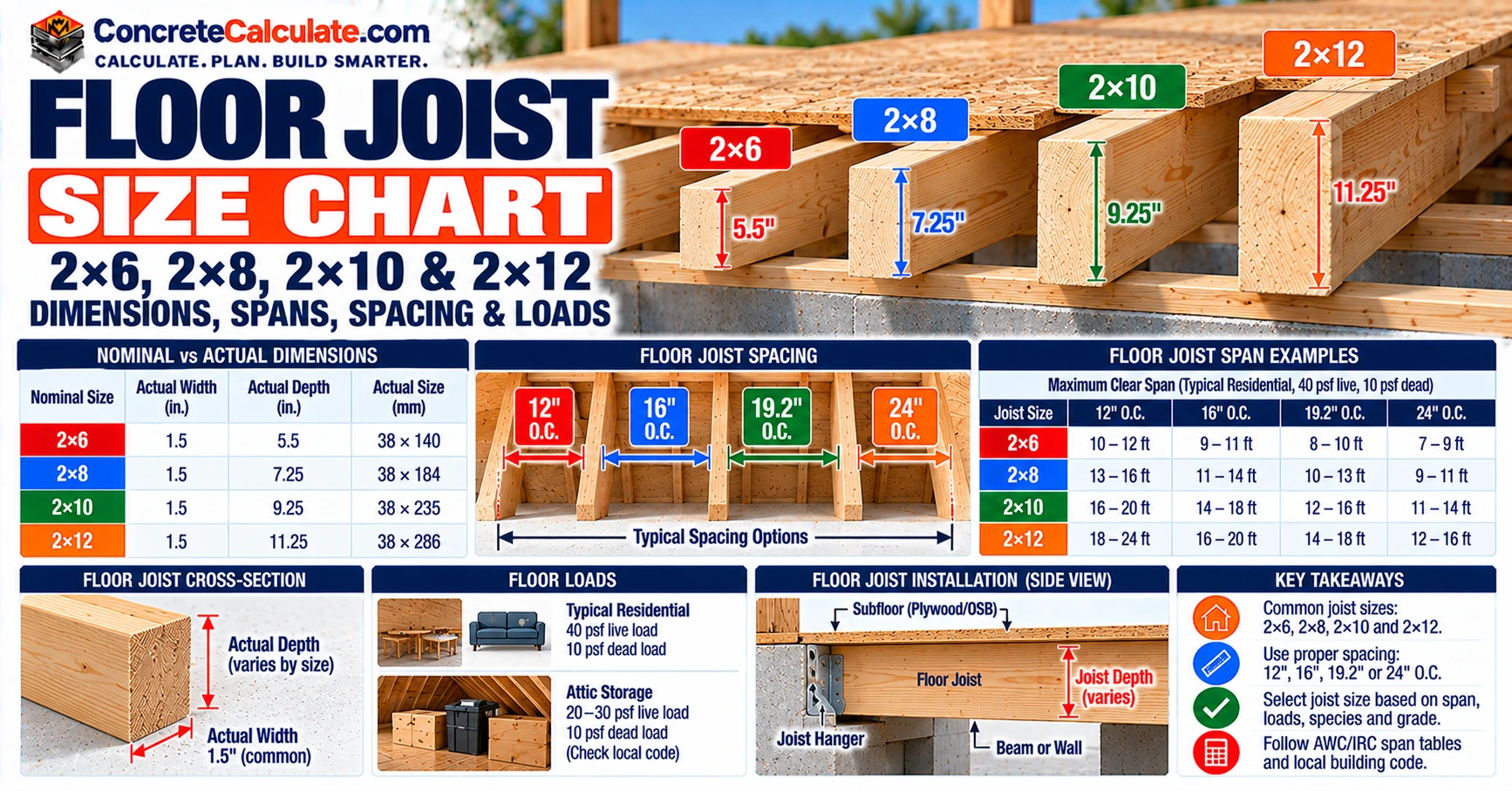 Floor Joist Size Chart 2026: 2×6, 2×8, 2×10 & 2×12