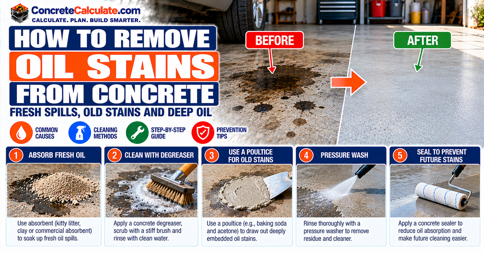 How to Remove Oil Stains From Concrete: Fresh Spills, Old Stains and Deep Oil