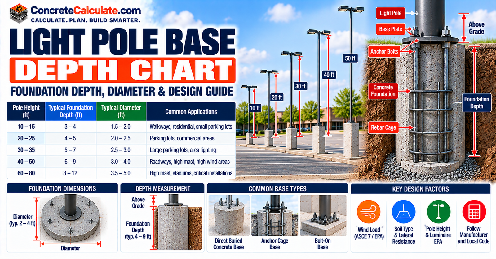 Light Pole Base Depth Chart - Foundation Depth, Diameter & Design Factors