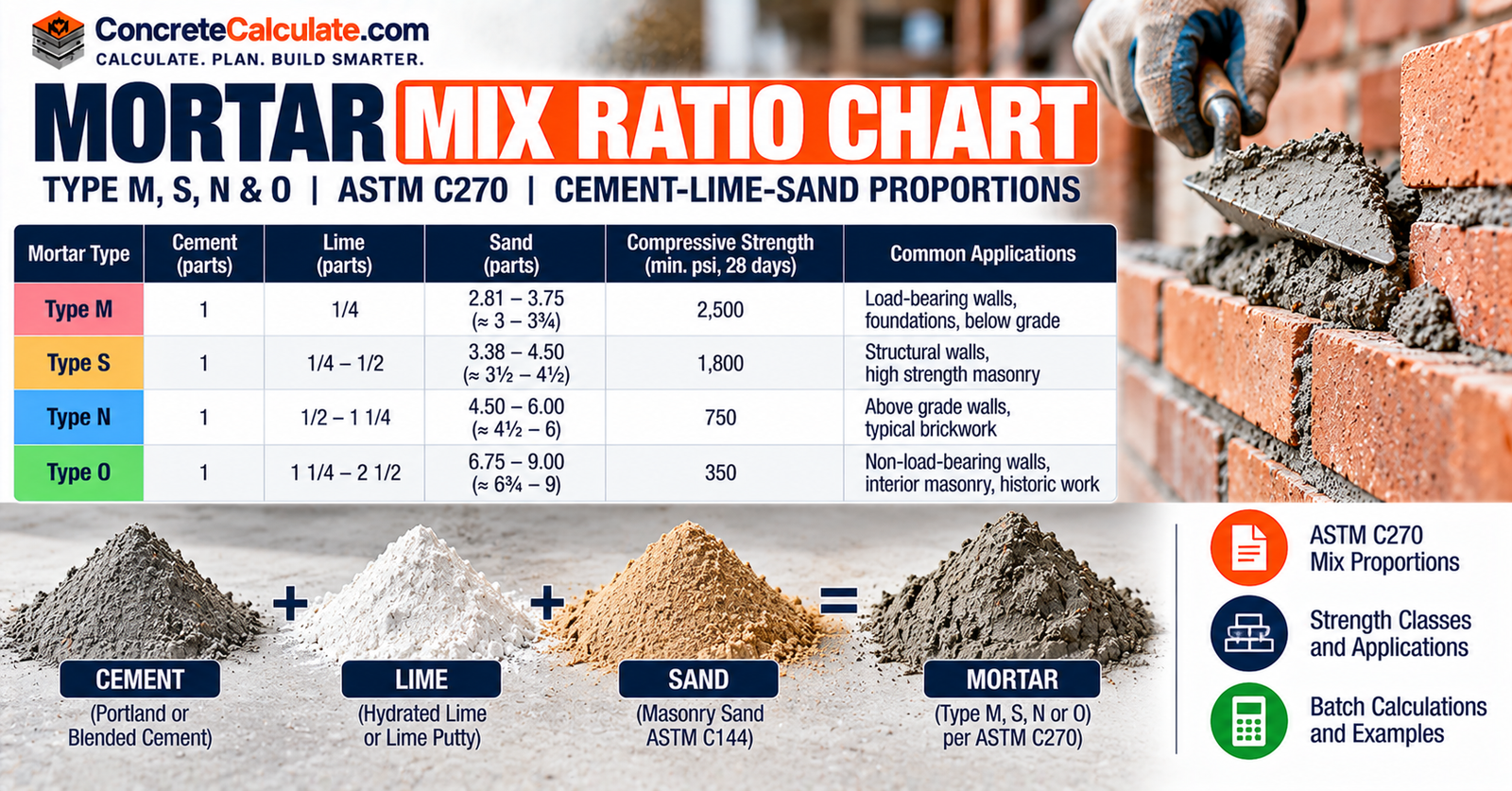 Mortar Mix Ratio Chart - Type M, S, N and O Mortar