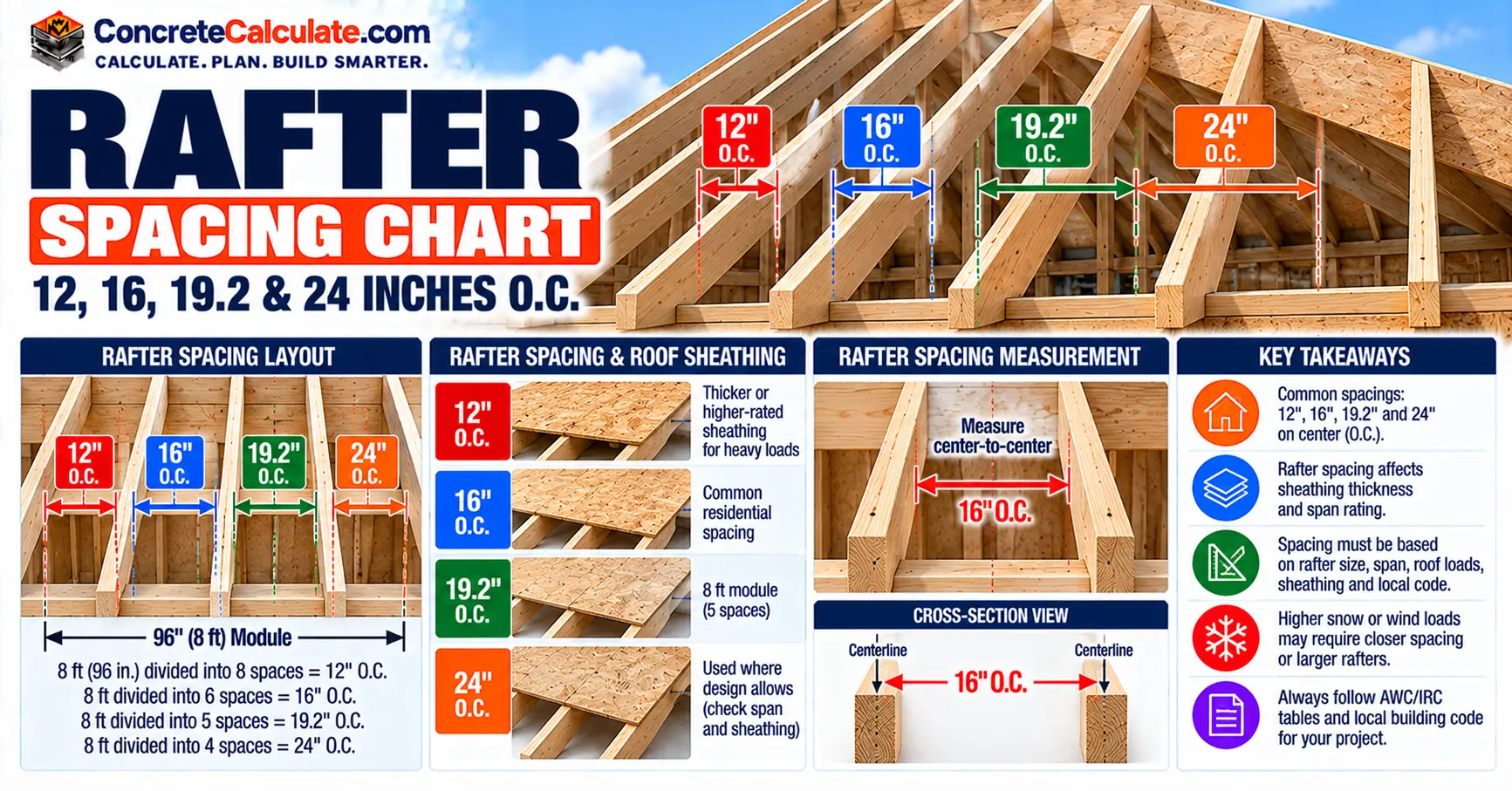 Rafter Spacing Chart - 12, 16, 19.2 & 24 Inches On Center