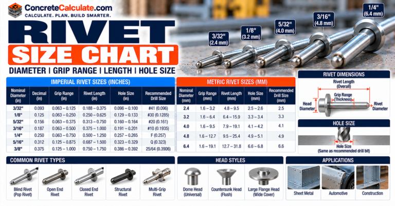 Rivet Size Chart - Diameter, Grip Range, Length and Hole Size