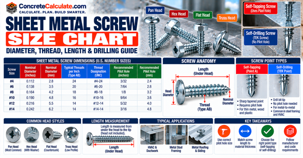 Sheet Metal Screw Size Chart - Gauge, Diameter, Thread & Length