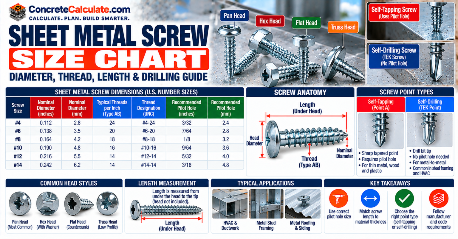 Sheet Metal Screw Size Chart - Gauge, Diameter, Thread & Length