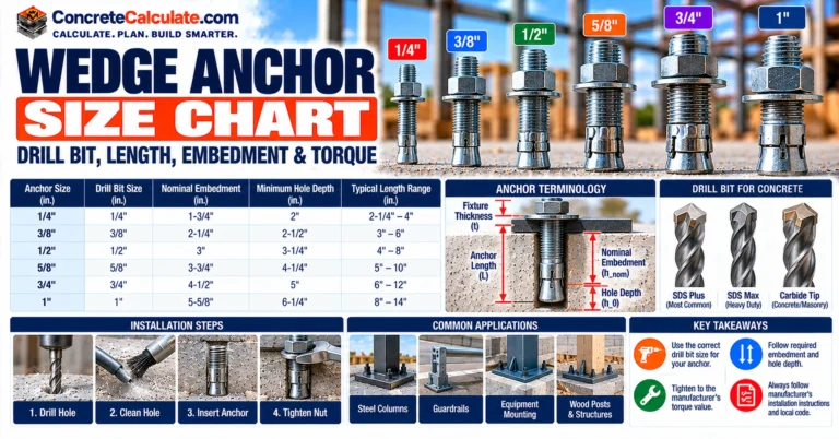 Wedge Anchor Size Chart - Diameter, Drill Bit, Length & Embedment