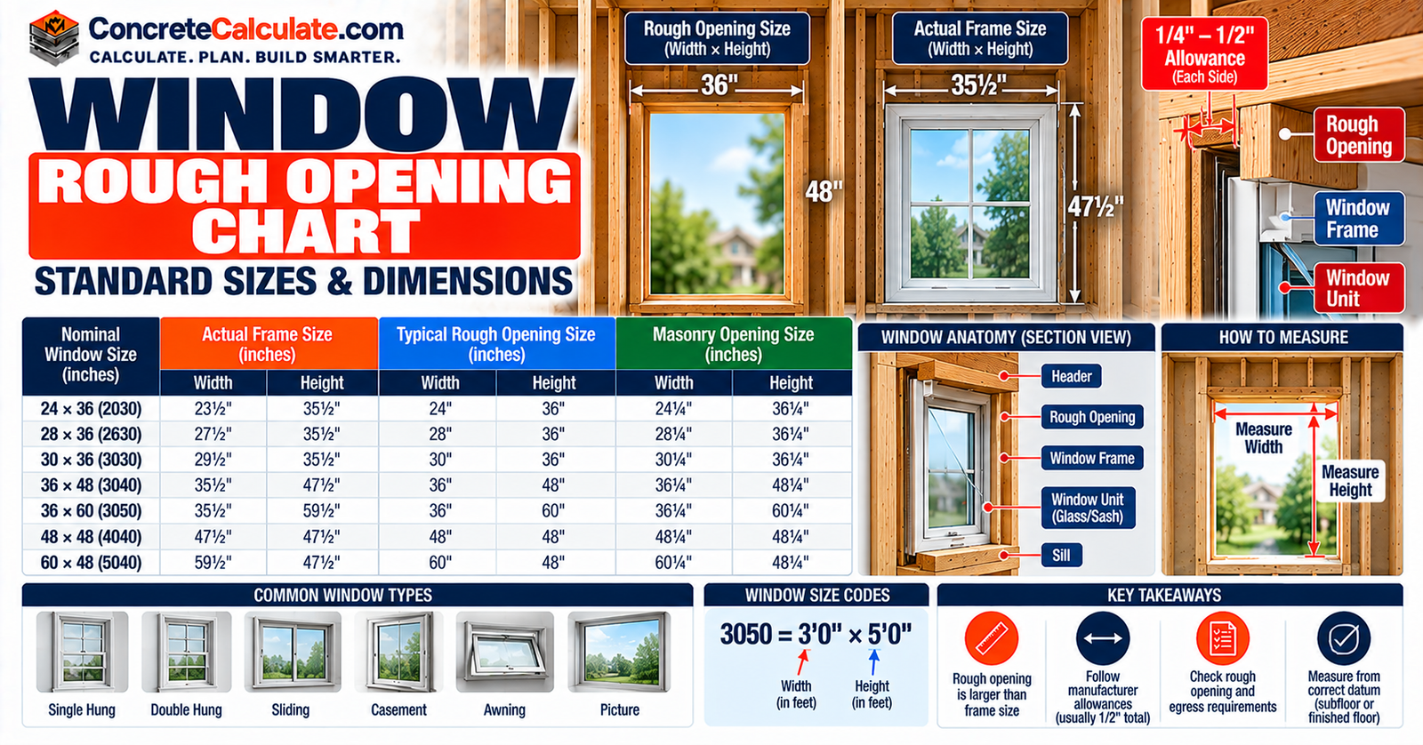Window Rough Opening Chart - Standard Sizes and Framing Dimensions
